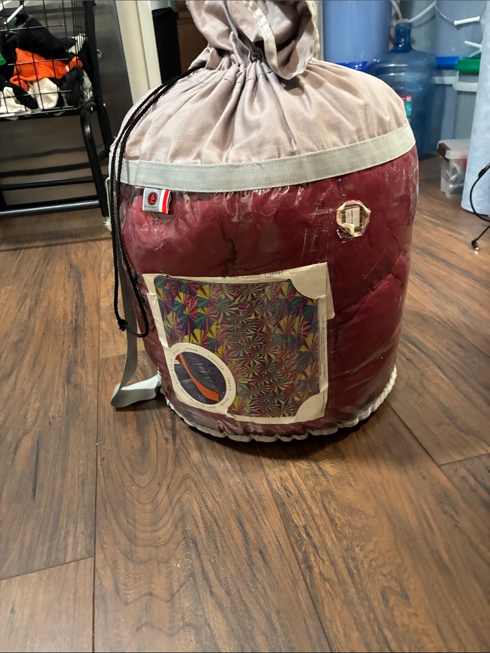 Red Quilted Sleeping Bag in Drawstring Stuff Sack